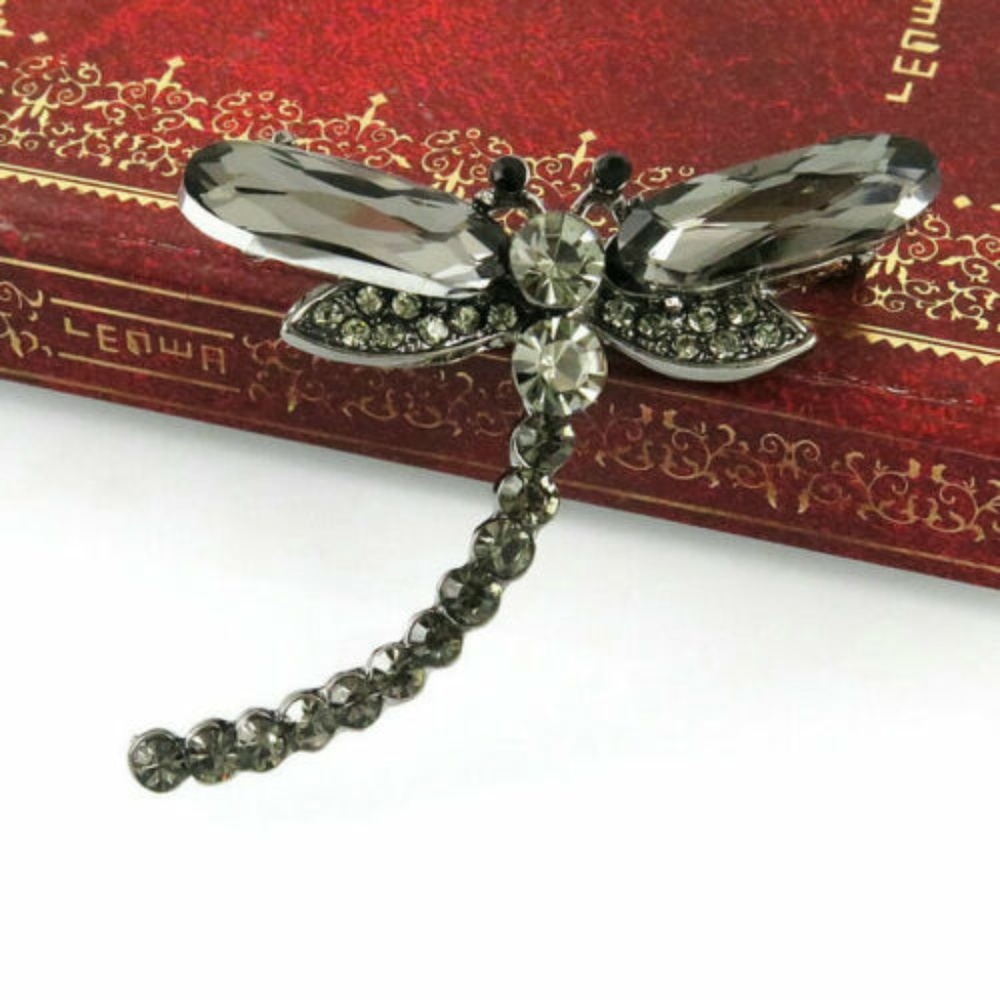 Black/Charcoal Rhinestone Dragonfly Brooch